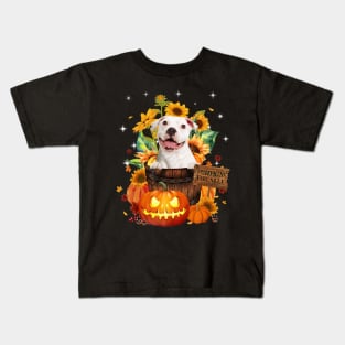 White Pitbull Halloween Pumpkin Fall Bucket Kids T-Shirt